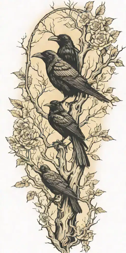 Crow Watching In Trees Tattoo Sleeve