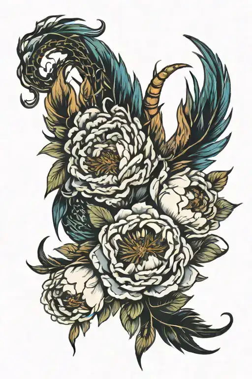 Peony Moon Merging Together Feathers Horns