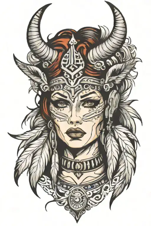 Warrior Woman Face Feathers Horns