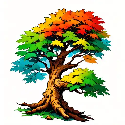 Tree With 3 Planks On Trunk At The Bottom Colourful Leaves