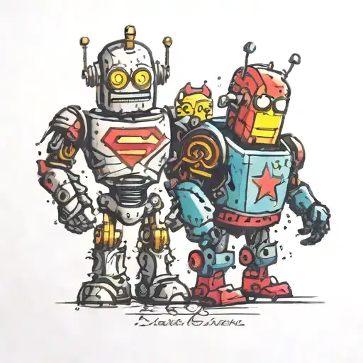Tattered Robot Father With Princess One Side And Superhero On The Other