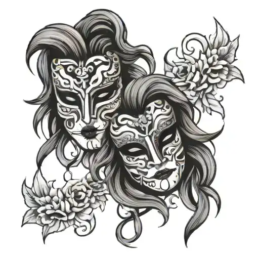Black And Grey Thalia Theatre Masks In Neo Traditional Style