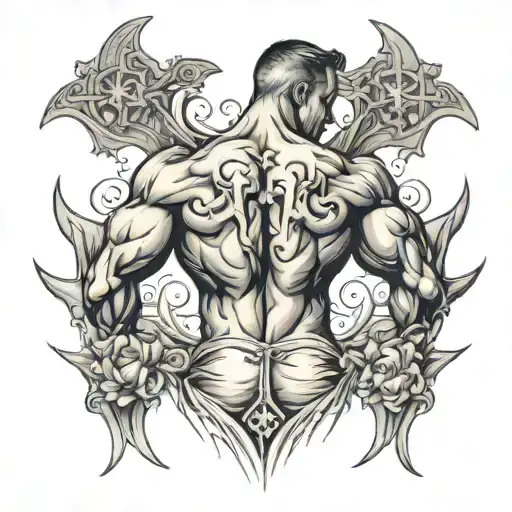 Tattoo Of A Bodybuilder Man With A Gothic Cross On His Back