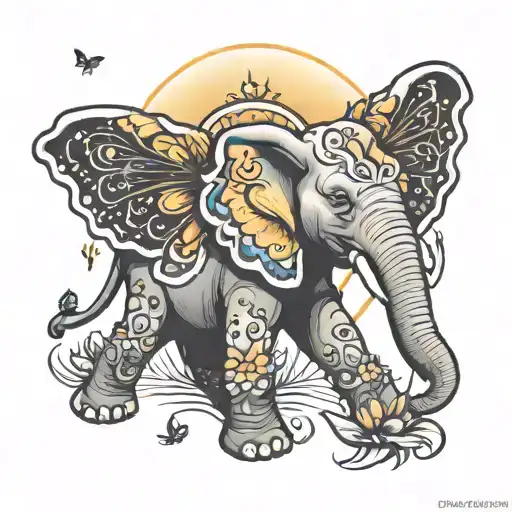 Happy Elephant With Sun And Butterfly