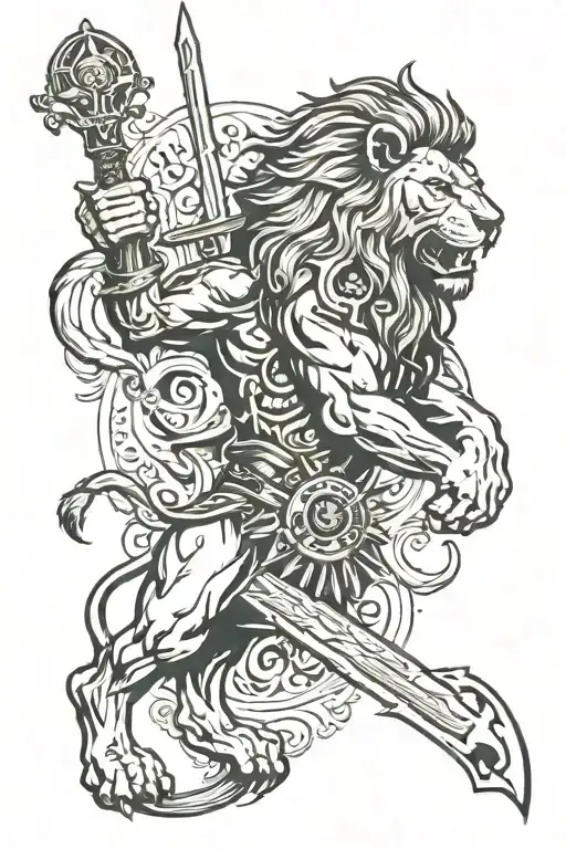 Lion Embedded With Spartan Warrior Wielding His Sword And Time