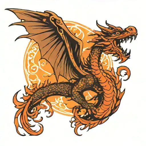 Dragon Flying Towards The Sun Rising Phoenix Wings Spread