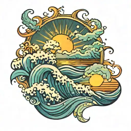 An Abstract Ocean Scene With Waves Crashing On The Beach And A Sun Shining Brightly