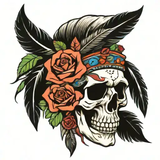 Native American Skull And Roses With Feathers Falling