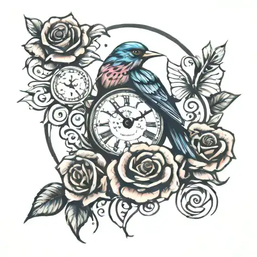 Bird With Rose And Clock