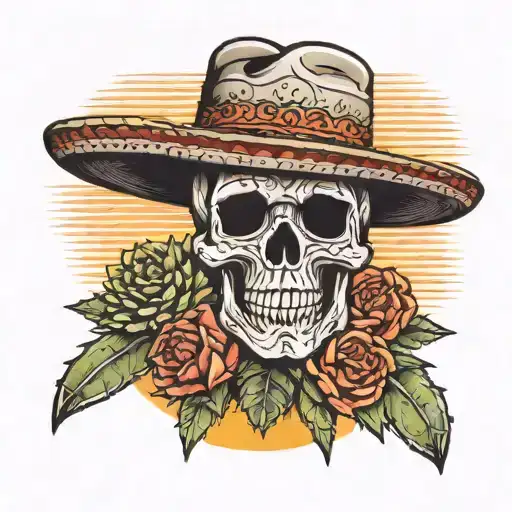 Skull In Sombrero Is Lying In Front Of A Cactus With A Mexican Sunset Behind