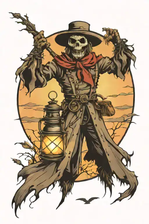 Scarecrow Holding A Lantern In Front Of Sunset Scene