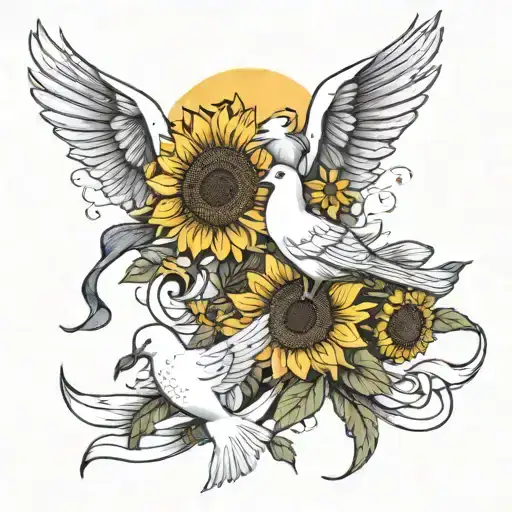 Sunflowers And Sun And White Doves Flying Holding A Ribbon