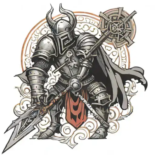 A Crusader Knight Impaling The Head Of A Demon