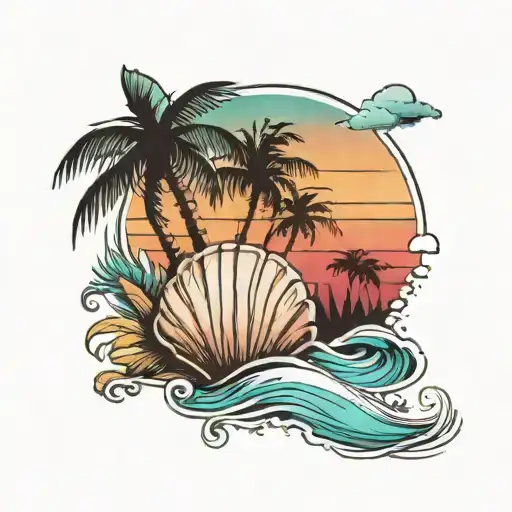 A Seashell With Palm Trees Ocean Sunset Background