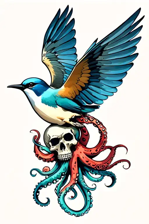 Swallow Flying With Skull And Octopus