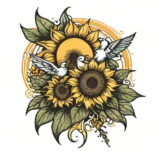 Sunflower And Sun And Doves