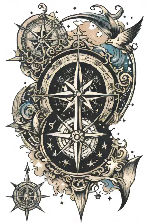 Compass Sky Filled With Stars And Ships Sailing Towards