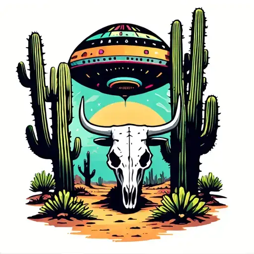 Simple Desert Landscape With Cactus Being Abducted By Ufo With A Bull Skull Next To The Cactus