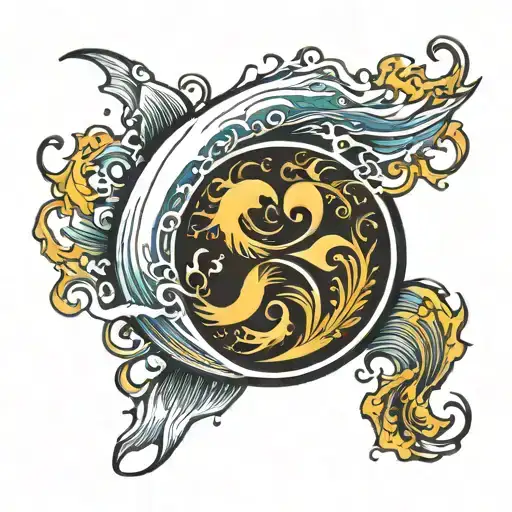 Yin Yang Pisces Trident Surrounded By A Wave Crashing