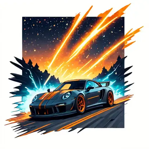A Sports Car Drifting On A Starlit Road Surrounded By Shooting Stars