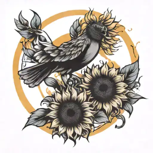Sunflowers And Sun And Doves Flying