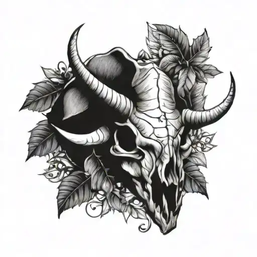 Triceratops Skull With Leaves Blackwork
