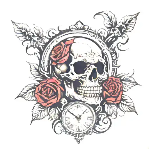 Skull Rose Clock Smile Sad Dark Red