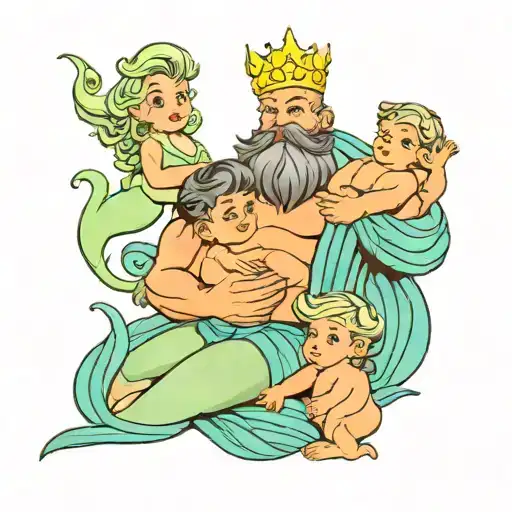 King Triton Holding Baby Girl And Baby Boy Sitting
