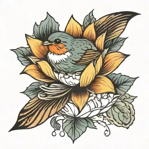 Robin Flying Out Of Lotus Flower Blooming