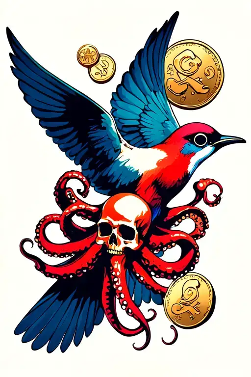 Swallow Flying With Skull And Octopus And Pirate Coins
