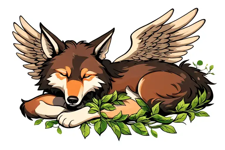 Sleeping Brown Wolf With Wings Made Of Green Leaves