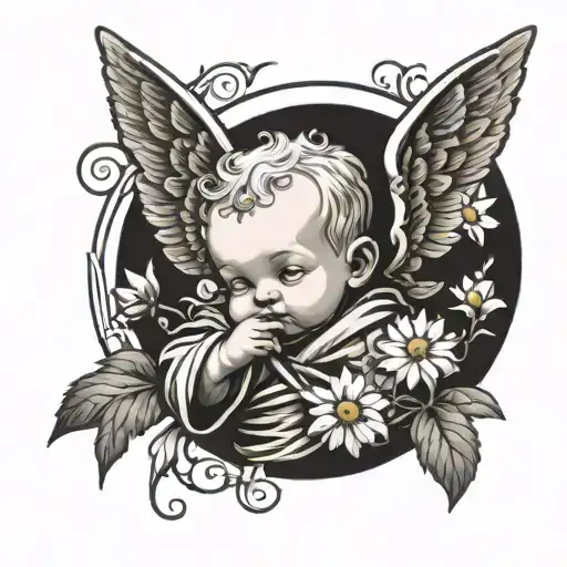 Cherub Wearing Monk Robes With Aster Flowers In The Background