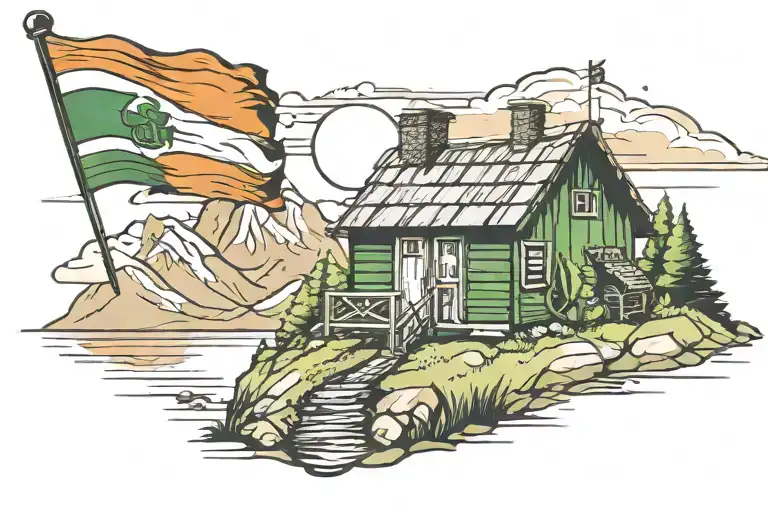 Shack With A Deck On A Mountain Landscape Flying The Irish Flag