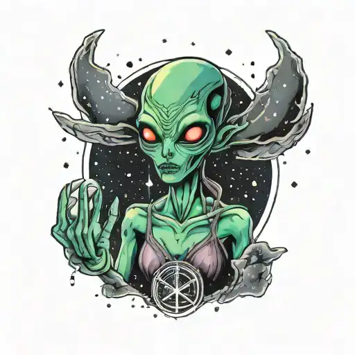 Simple Girl Alien Peace Sign Bursting Out Of Galaxy Filled With Stars