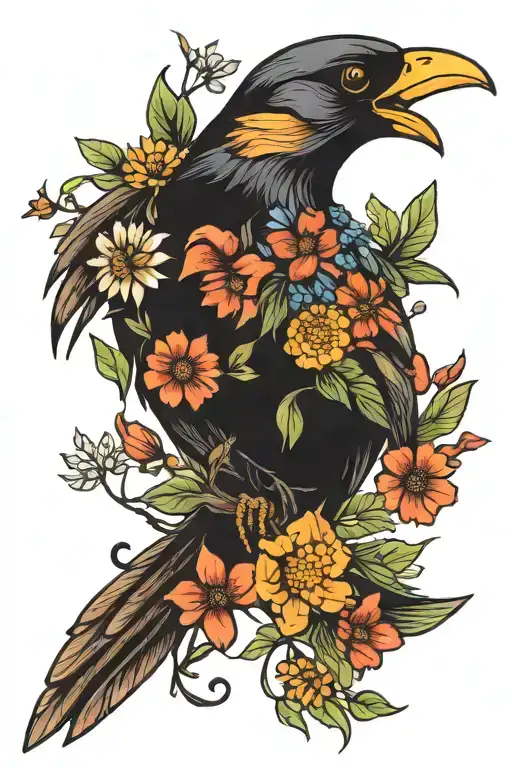 Neo Trad Bird With Wildflower Bouquet