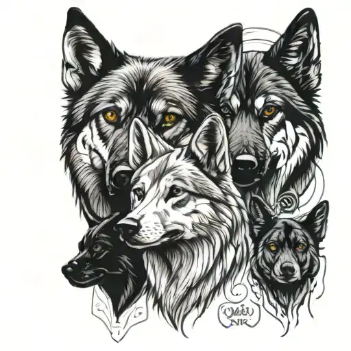 Wolf Family Of 4 With Germanshepherd And A Black Lab In The Background