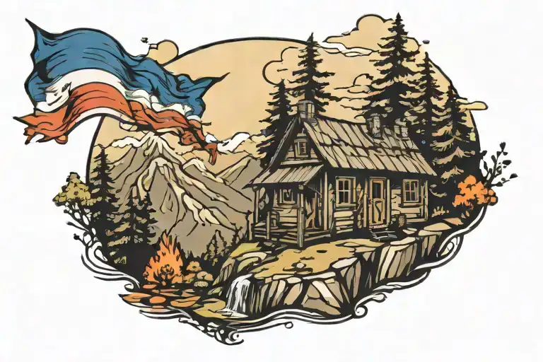 Shack With A Deck On A Mountain Landscape Flying The Scottish Flag