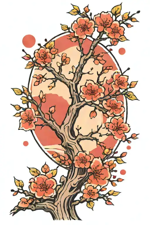 Sakura Branch Tree And Red Moon
