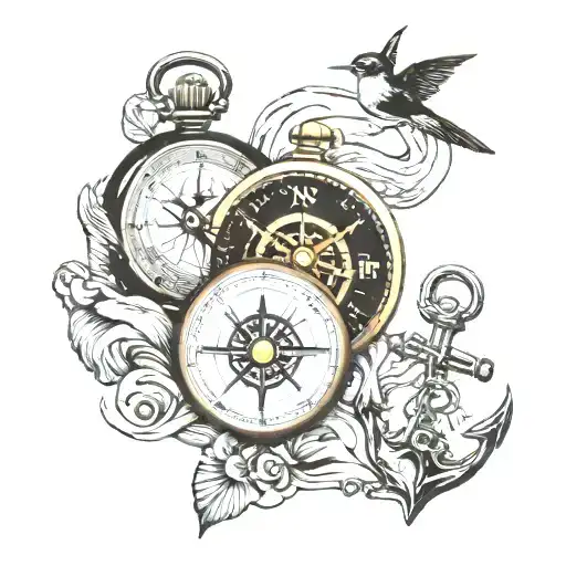 Compass Pocket Watch Anchor Swallow And Mountains