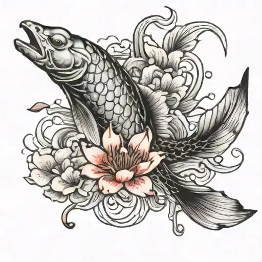 Making A Tattoo Design With Koi Fish And Cherry Blossoms And Water And Red Spider Lily