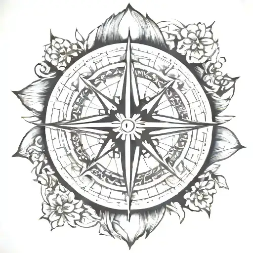 A Neotraditional Tattoo Of A Compass Rose With Symbols Representing Each Family Member