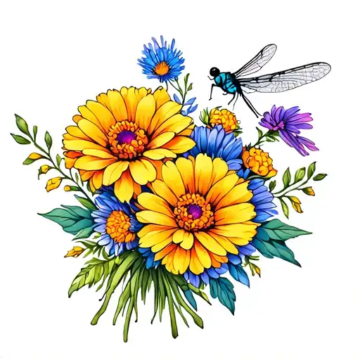 Marigold And Aster Bouquet With Dragonfly Perched