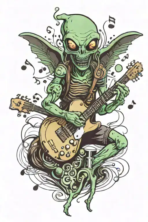 An Alien Guitarist Serenading Their Daughter With Music Notes Floating Around Them