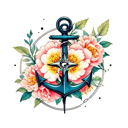 Anchor And Compass With Peonies Flower