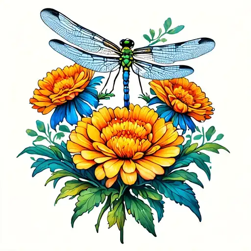 Marigold And Aster With Dragonfly Perched