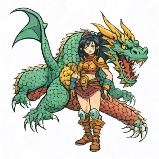 Warrior Girl Facing Dragon