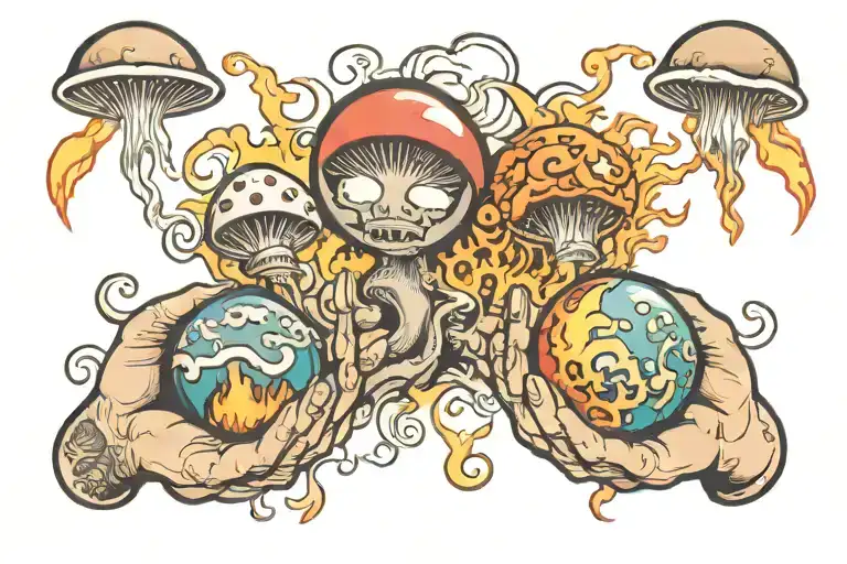 Hand Holding 3 Orbs With Fire Electricity And A Mushroom Cloud