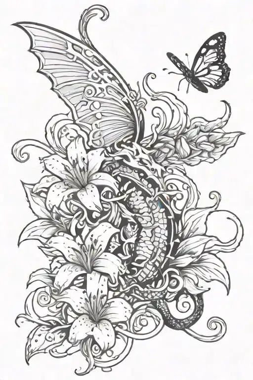 Lily Flower Vines Wrapped Dragon And Butterfly