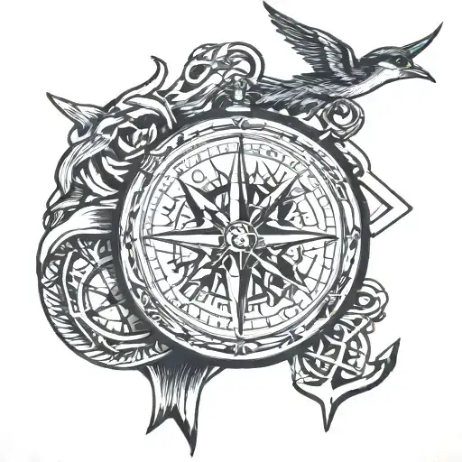Compass Pocket Watch Anchor Swallow And Mountains
