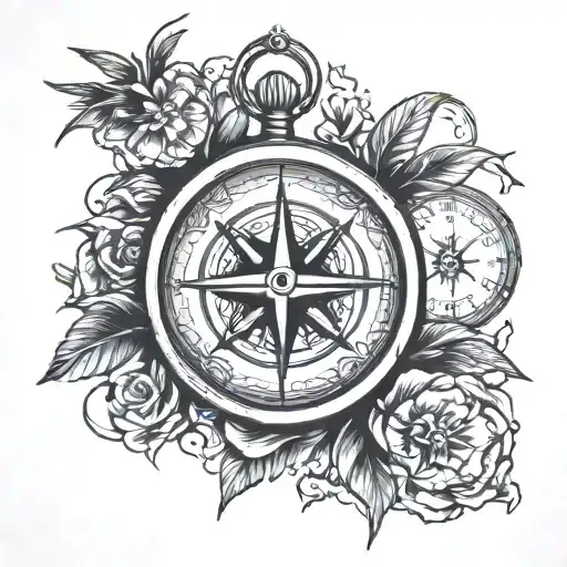 Compass Pocket Watch Anchor Swallow And Mountains